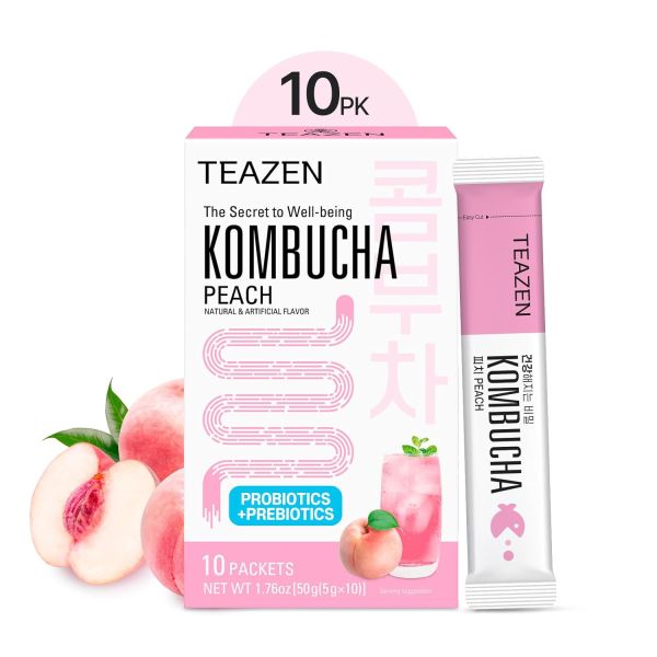 Teazen Kombucha Tea, Peach Flavored Sparkling Fermented Powdered Mix