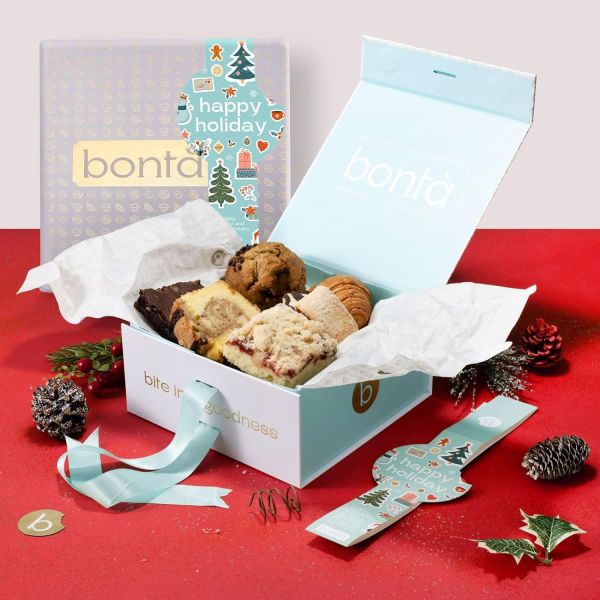 Happy Holiday Gourmet Cookie Basket - Delightful and Delicious Selection of Sweet Treats for Christmas, Birthdays, and More | Elegant Assortment of Brownies, Muffins, Cakes, and Pastries - Kosher - Bontà (Small, Teal) 10 Pieces