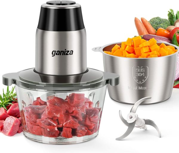 GANIZA Electric Chopper & Food Processor with Meat Grinder and Veggie Chopper - 2 Bowls (8 Cup+8 Cup) and Powerful 450W Copper Motor - Includes 2 Sets of Bi-Level Blades for Baby Food