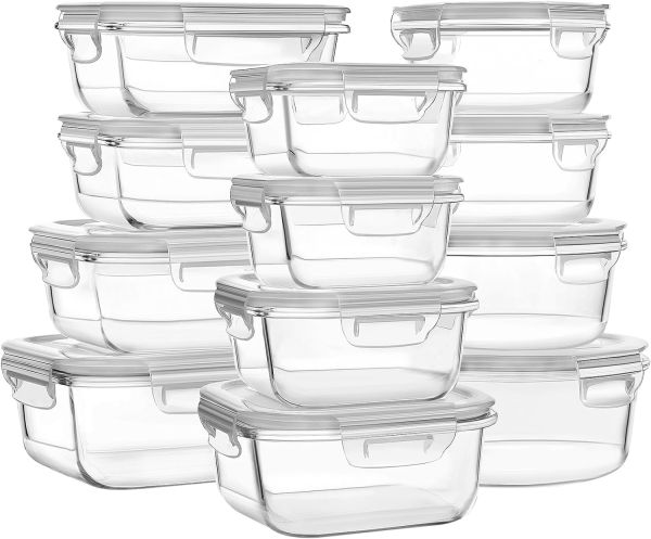 HOMBERKING Glass Food Storage Containers - Set of 12, Airtight Bento Boxes - White