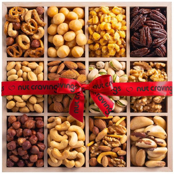 Nutty Holiday Delights - Exquisite Assortment of Gourmet Mixed Nuts in a Beautifully Crafted Wooden Tray with Heart Ribbon (12 Varieties) - A Healthy and Kosher Treat