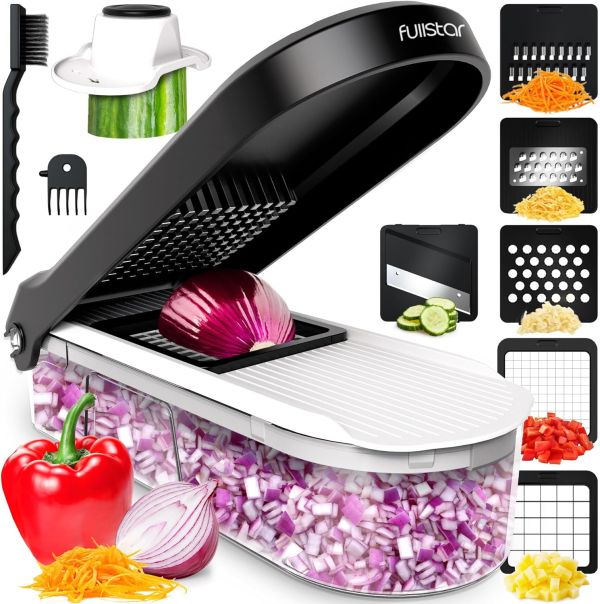 Fullstar Compact Vegetable Chopper - Food Chopper, Veggie Chopper, Onion Chopper, With Container, Vegetable Cutter, Mandoline Slicer (White/Black)