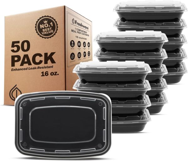 FreshAirtight Meal Storage Containers [50 Pack] - Portion Control Bento Boxes - Stackable, Microwave/Dishwasher/Freezer Safe (16 oz)