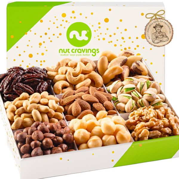 Nutty Delights Gourmet Assortment - Festive Christmas Mixed Nuts Gift Basket in Elegant Gold Box (9 Varieties) Holiday Delicacy Platter, Birthday Treat - Wholesome and Kosher, Proudly Made in the USA