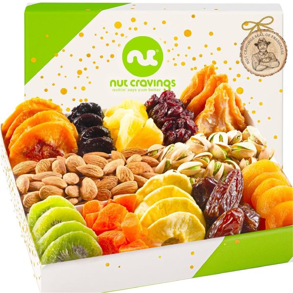 Nutty Delights Gourmet Collection - Festive Holiday Dried Fruit & Mixed Nuts Gift Basket in a White Gold Box (12 Assortments) - A Wholesome Kosher Care Package Made in the USA