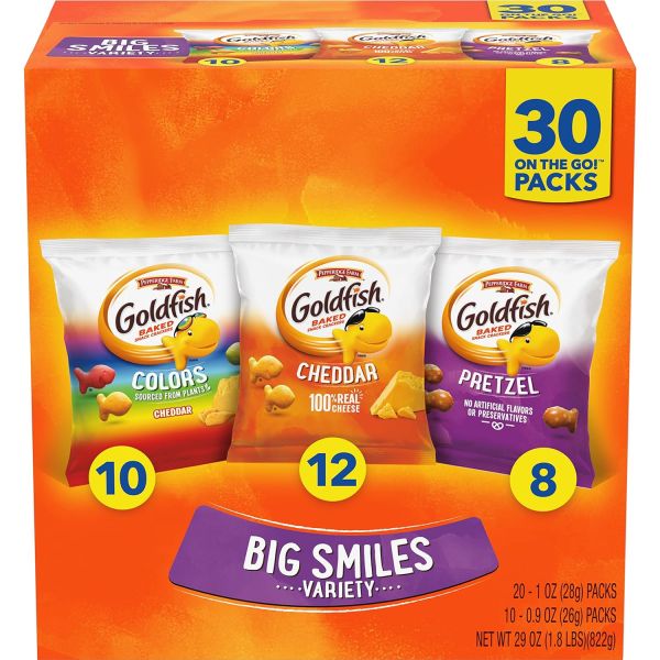 Joyful Jumbo Goldfish Craze Variety Pack with Cheesy Cheddar, Vibrant Colors, and Crunchy Pretzels, Snack Bags, 30 Ct