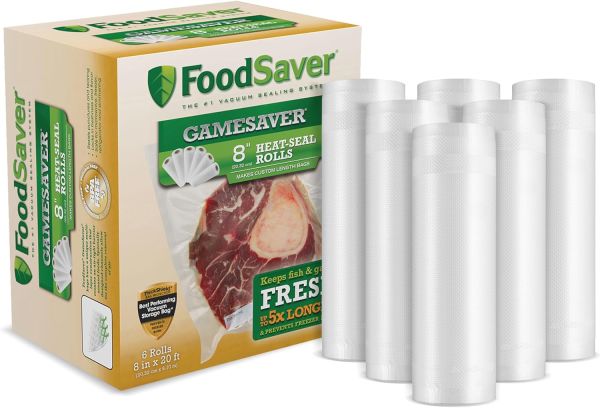 FoodSaver GameSaver Vacuum Sealer Bags, Rolls for Custom Fit Airtight Food Storage and Sous Vide, 8 x 20' (Pack of 6), Green