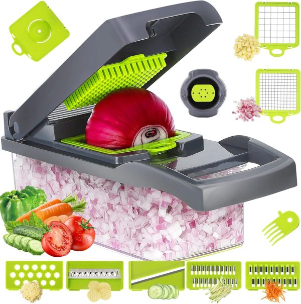 Premium Vegetable Chopper, 7 Blade Veggie Chopper, Cutter, Dicer, 12-in-1 Onion Chopper, Mandolin Slicer, Multifunctional Food Chopper with Container