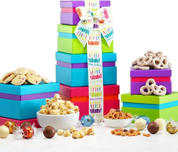 Gourmet Chocolate Birthday Gift Basket Tower - Sweet and Savory Delights for Celebrations