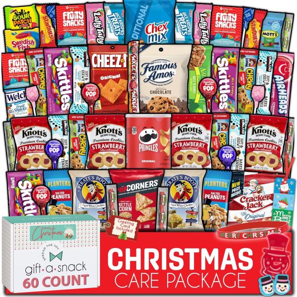 Merry Munchies - Festive Snack Box Filled with Christmas Candy Delights, Assorted Treats, and a Heartwarming Greeting Card (60 Count) Jolly Goodies Gift Hamper, Toys, Candies, Chips, Cookies Assortment